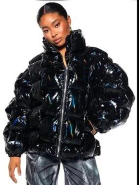 💥HOT ITEM💥Saks Fifth Avenue Black Glossy Patent Leather Quilted Puffer Jacket